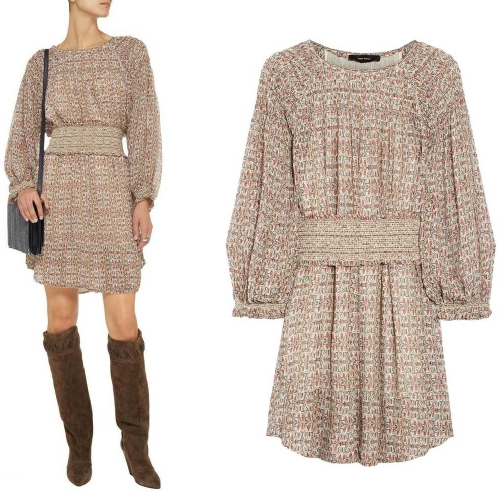 Isabel Marant Multicolor Silk Designer Dress - Cream, Brown, Pink